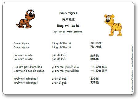 Chanson chinoise Deux tigres 两只老虎, comptine chinoise deux tigres