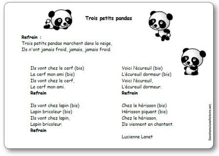 Comptine Trois petits pandas Lucienne Lanet