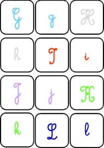 image jeu de mémory couleur des lettres cursives majuscules à associer aux cursives minuscules