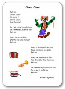 Comptine Clown Clown de Michel Agneray, clown qui joue de l'accordéon, de la trompette et du tambour