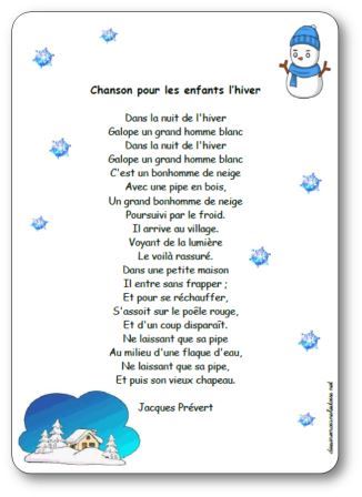 Poésie Chanson pour les enfants l'hiver Jacques Prévert