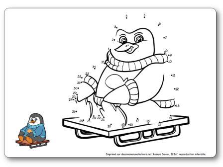 Points à relier 1 à 35 Pingouin luge jeu hiver maternelle, points à relier hiver