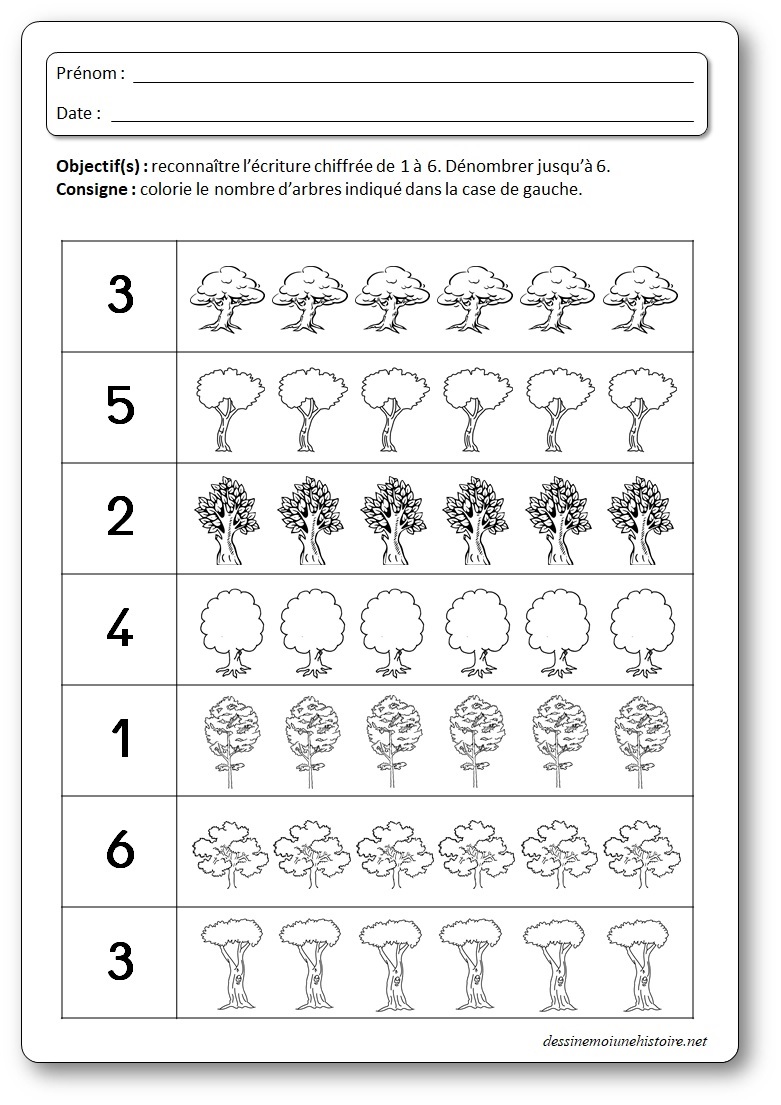 fiche compter les arbres à imprimer : compter jusqu'à 6