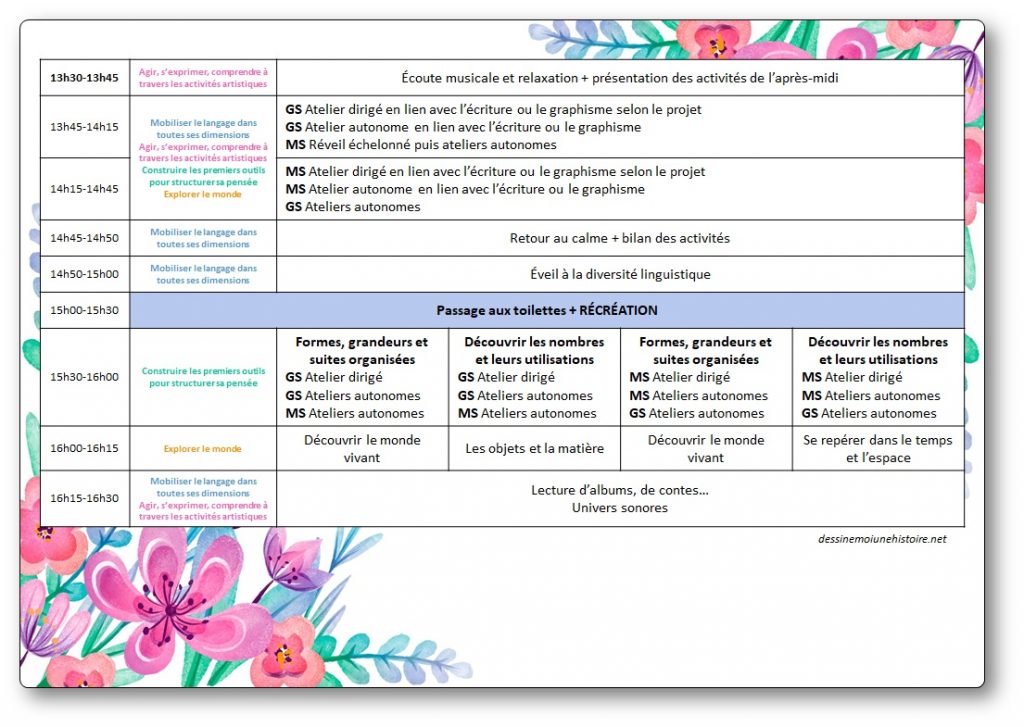 L'emploi du temps en moyenne et grande section MS/GS - Emploi du temps