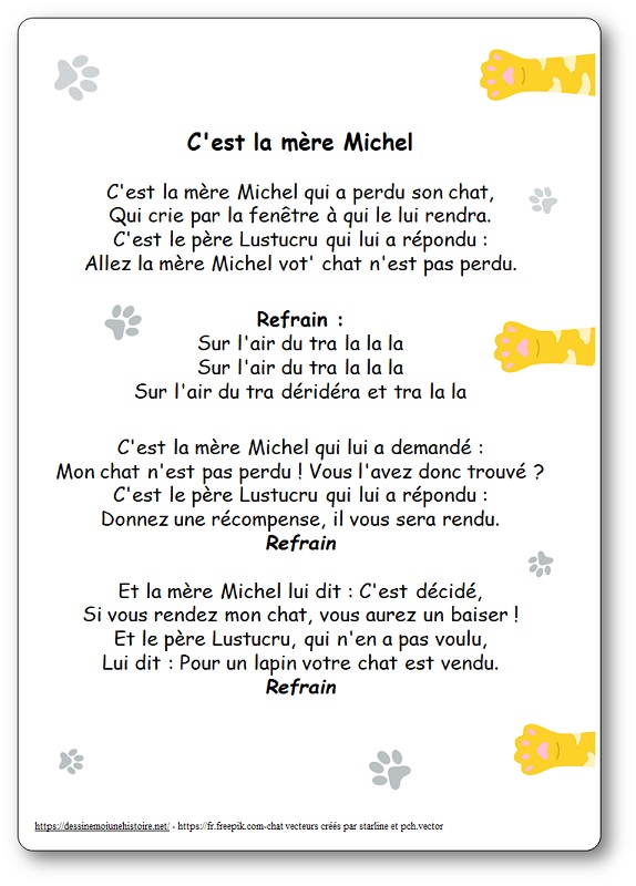 Chanson La mère Michel Paroles illustrées PDF à imprimer, Paroles chanson la mere michel qui a perdu son chat
