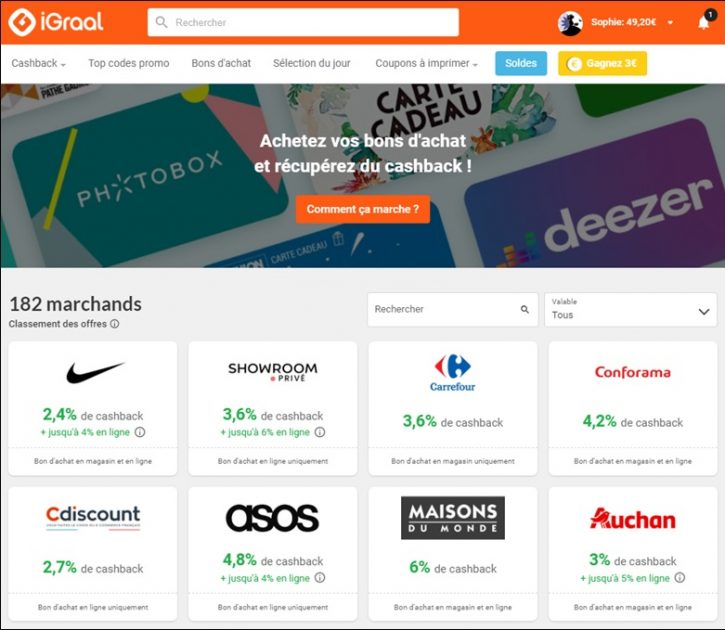 Igraal Cashback Bons d'achat Sites partenaires
