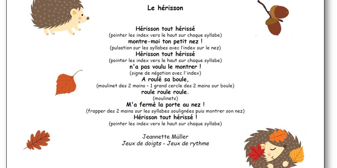 Comptine Le hérisson de Jeannette Muller, chanson à getes où l’enfant imite le hérisson qui se met en boule.
