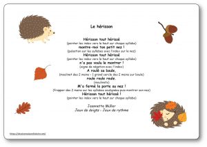 Comptine Le hérisson de Jeannette Muller, chanson à getes où l’enfant imite le hérisson qui se met en boule.
