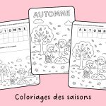Coloriage automne pour maternelle avec enfant et arbre, mot à reconstituer