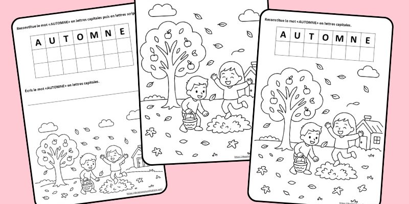 Coloriage automne pour maternelle avec enfant et arbre, mot à reconstituer