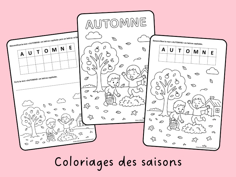 Fiches de coloriages des saisons à imprimer pour se repérer dans le temps en maternelle Coloriage automne pour maternelle avec enfant et arbre, mot à reconstituer