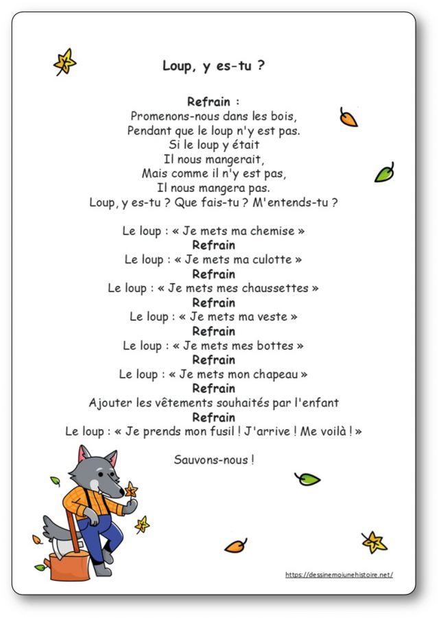 Illustration avec les paroles de la comptine Promenons-nous dans les bois.