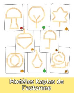 Modèles de Kaplas d’automne à reproduire en maternelle : arbre, feuille, champignon, citrouille et autres symboles de la saison.