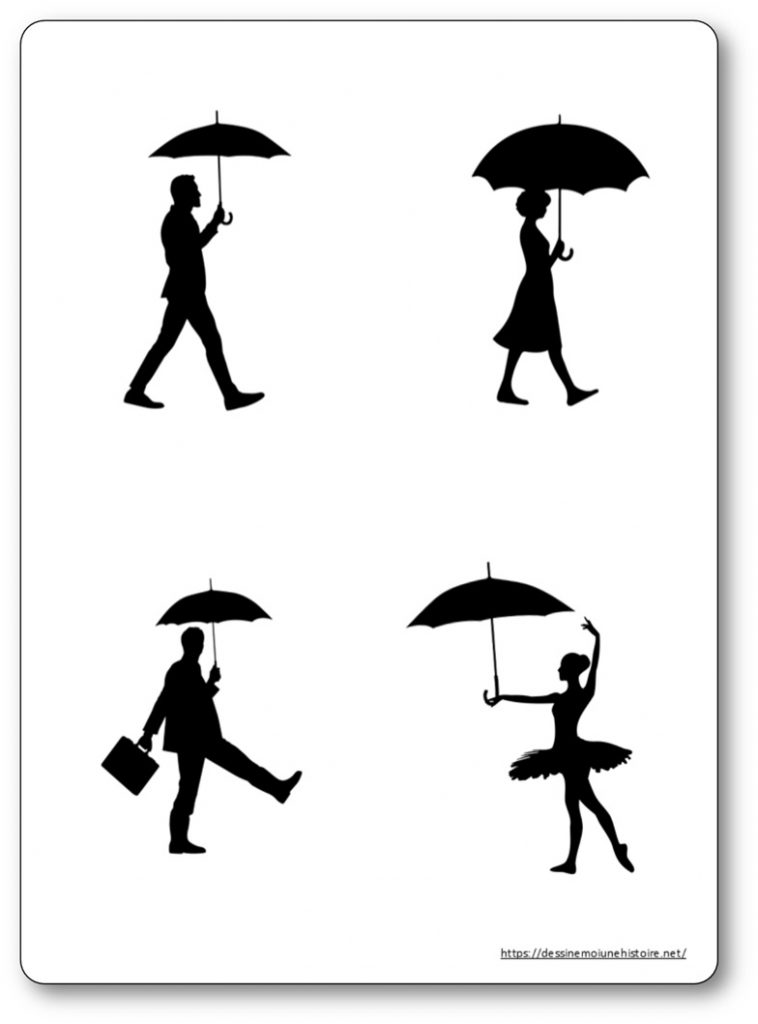 Télécharger les silhouettes de personnages au parapluie Silhouettes de personnages tenant un parapluie à imprimer pour une activité d’arts visuels en maternelle, inspirée de Marc Allante.