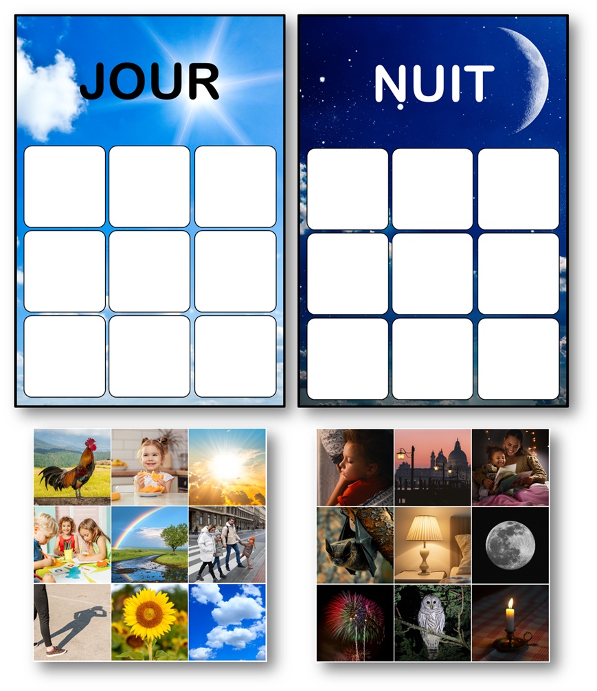 Fiche de tri Jour/Nuit à compléter avec les images placées à côté pour que les enfants de maternelle trient les scènes de jour et de nuit.
