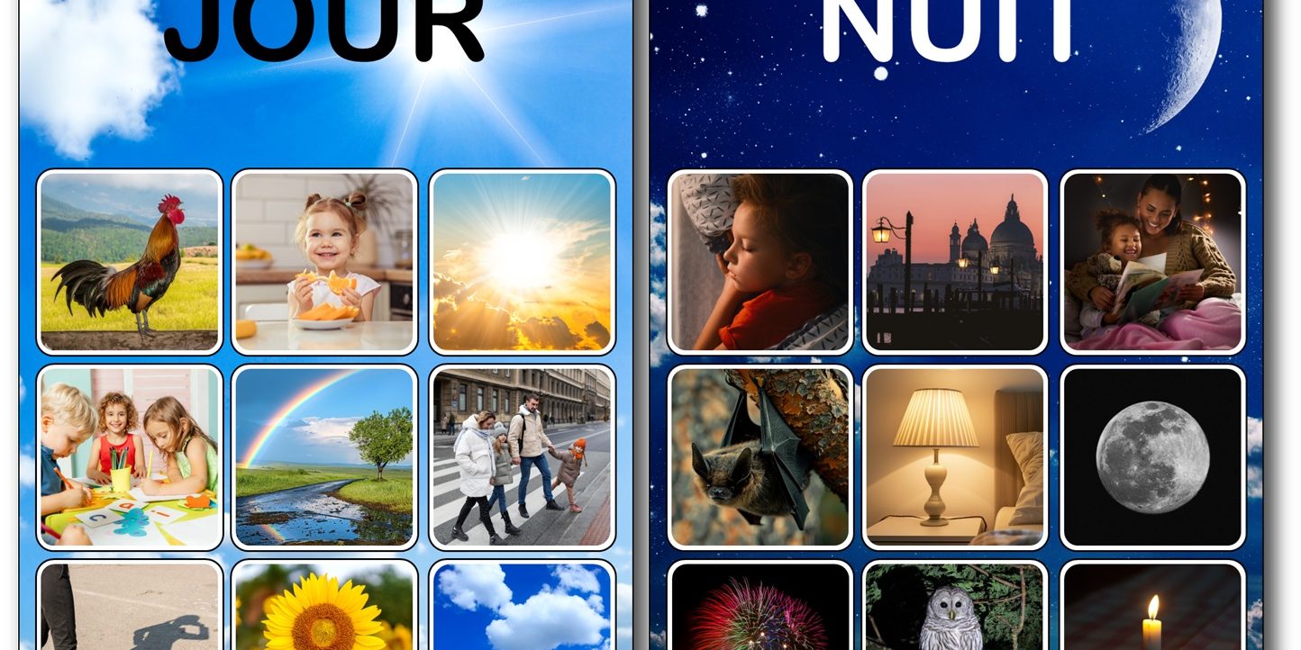 activite-sur-le-theme-jour-nuit-maternelle Fiche de tri Jour/Nuit complétée avec les images correctement classées en jour et nuit pour les enfants de maternelle.