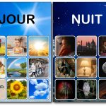 Fiche de tri Jour/Nuit complétée avec les images correctement classées en jour et nuit pour les enfants de maternelle.