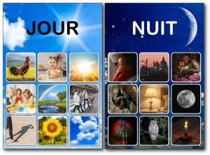 Fiche de tri Jour/Nuit complétée avec les images correctement classées en jour et nuit pour les enfants de maternelle.