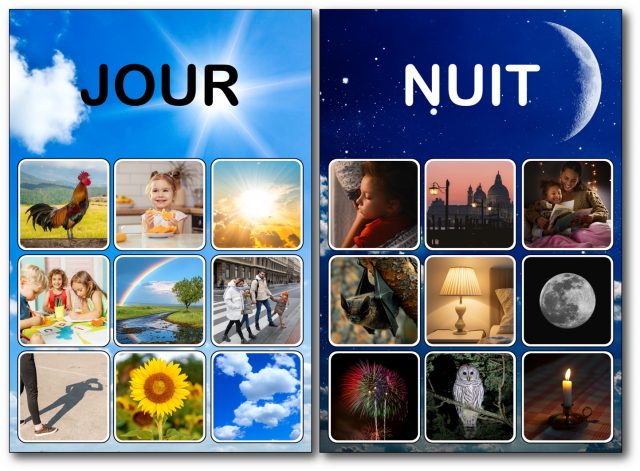 Fiche de tri Jour/Nuit complétée avec les images correctement classées en jour et nuit pour les enfants de maternelle.
