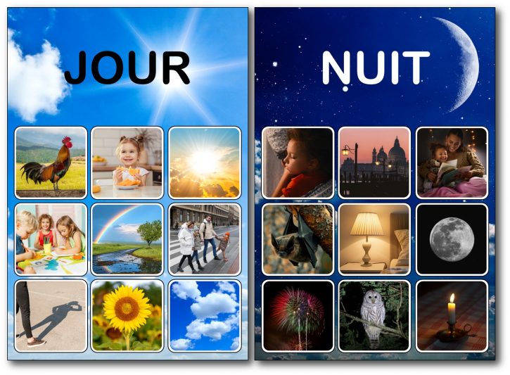 Fiche de tri Jour/Nuit complétée avec les images correctement classées en jour et nuit pour les enfants de maternelle.