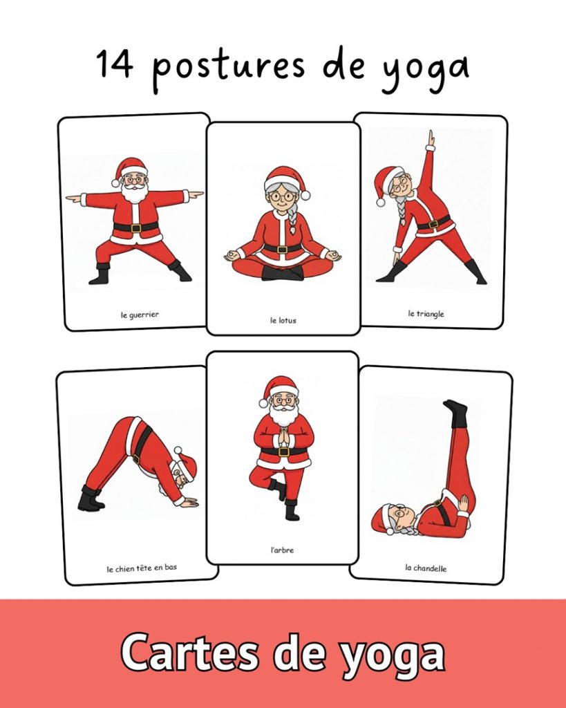 Cartes de yoga de Noël : 14 postures à imprimer Cartes de yoga de Noël pour enfants avec le Père Noël et la Mère Noël