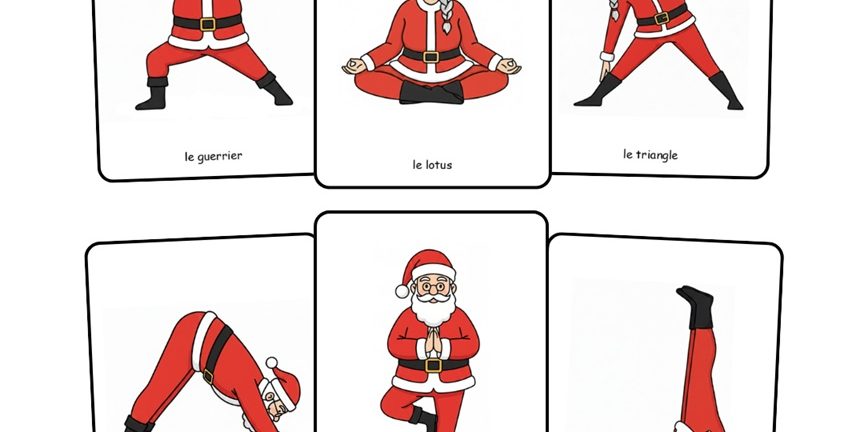 Cartes de yoga de Noël pour enfants avec le Père Noël et la Mère Noël