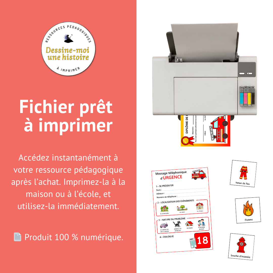 Affichages caserne de pompiers, numéros d’urgence, pictogrammes et étiquettes illustrées pour organiser et structurer l’espace de jeu pompier en classe.