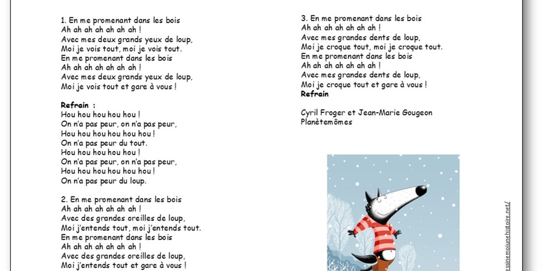 Illustration de la comptine En me promenant dans les bois, avec le loup et la balade en forêt