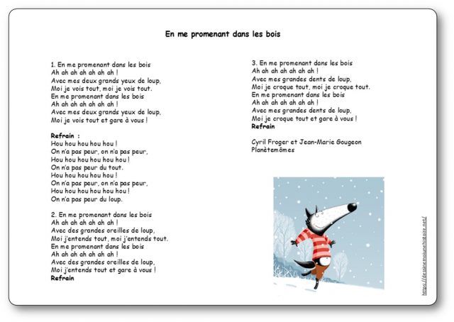 Illustration de la comptine En me promenant dans les bois, avec le loup et la balade en forêt