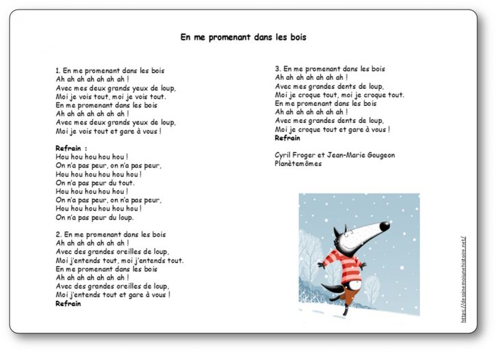 Illustration de la comptine En me promenant dans les bois, avec le loup et la balade en forêt