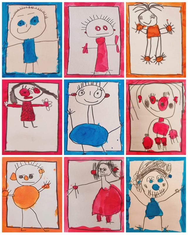 Productions d’élèves de petite et moyenne section : bonhommes réalisés à l’encre colorée