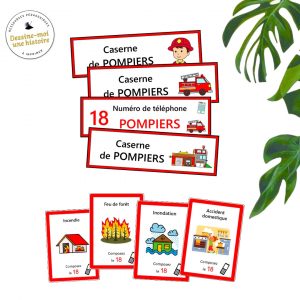 Cartes scénarios illustrées pour imaginer des situations d’urgence, enrichir le langage oral et favoriser les jeux de rôle autour du métier de pompier.