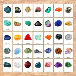 Ensemble des 40 cartes flashcards « Roches et minéraux » avec nomenclature, pour l’apprentissage des pierres et minéraux.