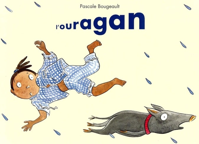 Couverture de l’album jeunesse "L’ouragan" de Pascale Bougeault, illustrant un enfant et son chien dans le vent.