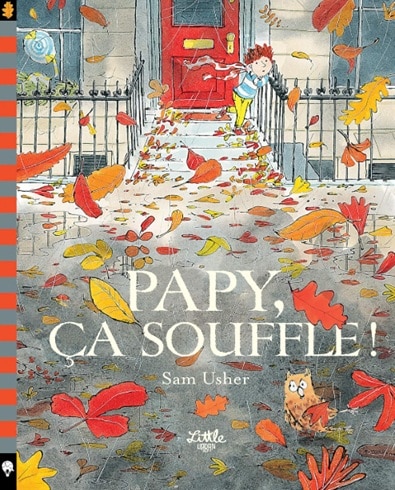 Couverture de l’album jeunesse "Papy, ça souffle !" de Sam Usher, illustrant un petit garçon face au vent.