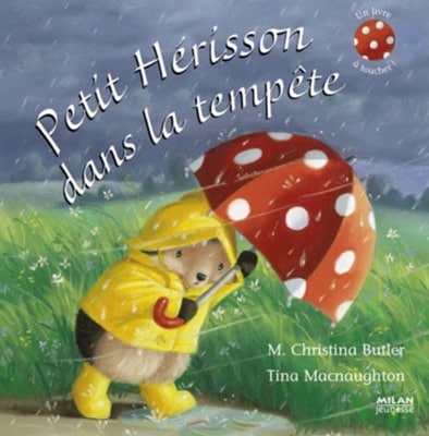Couverture de l’album jeunesse "Petit hérisson dans la tempête" de Christina Butler, illustrant un hérisson face au vent et à la tempête.