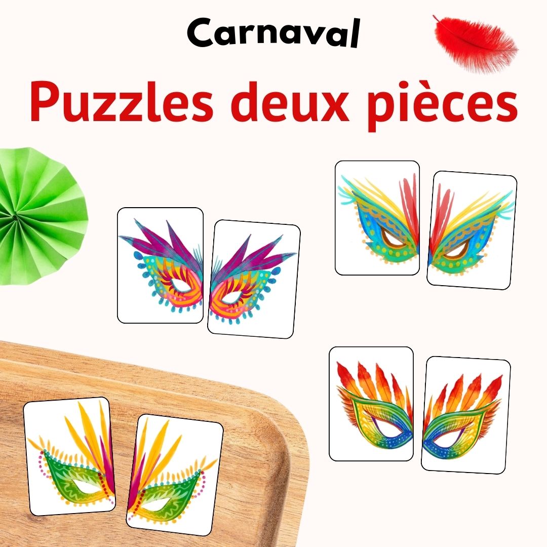 Puzzle symétrique de carnaval en deux pièces pour activité d’association en maternelle.