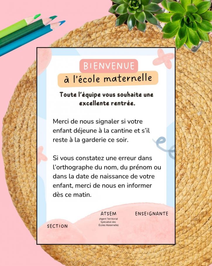 Affiche gratuite A4 rentrée maternelle pour informer les parents