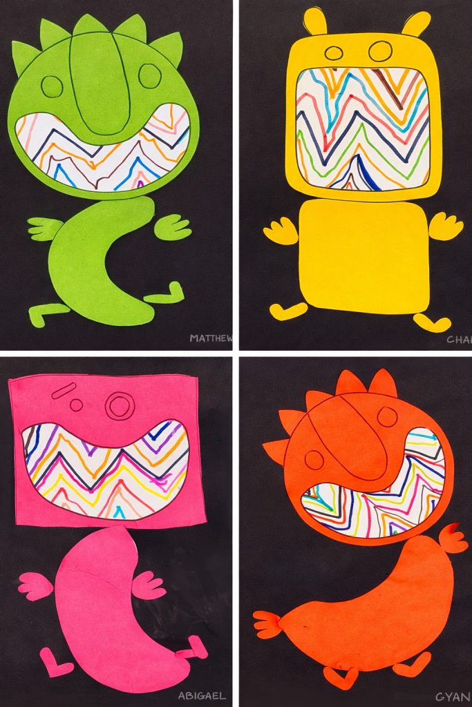 Monstres en papier coloré réalisés en grande section avec dents en lignes brisées – activité de graphisme en maternelle.