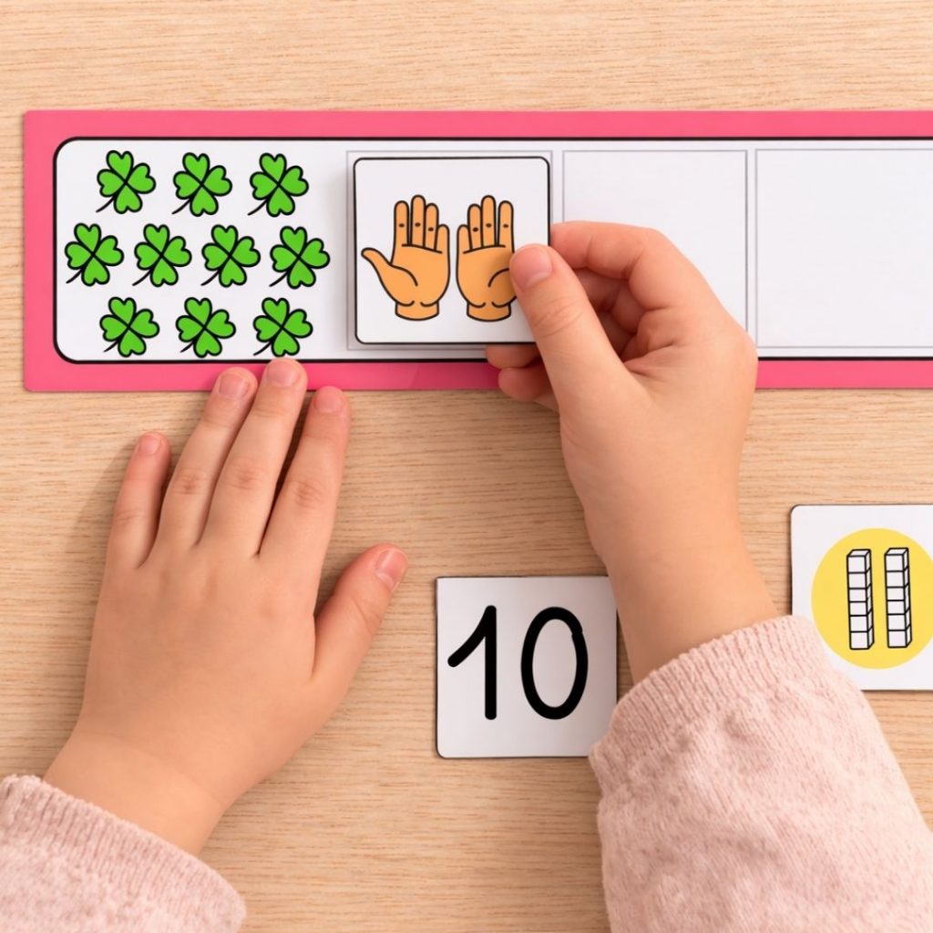 Enfant manipulant des étiquettes de numération pour compléter la bande du nombre 10 en maternelle