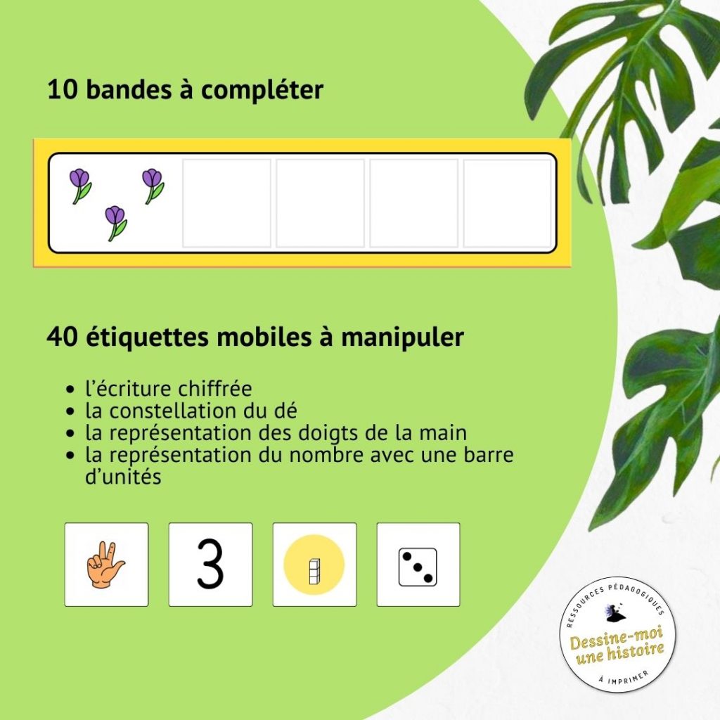 Matériel pédagogique de numération comprenant 10 bandes à compléter et 40 étiquettes mobiles pour apprendre les nombres