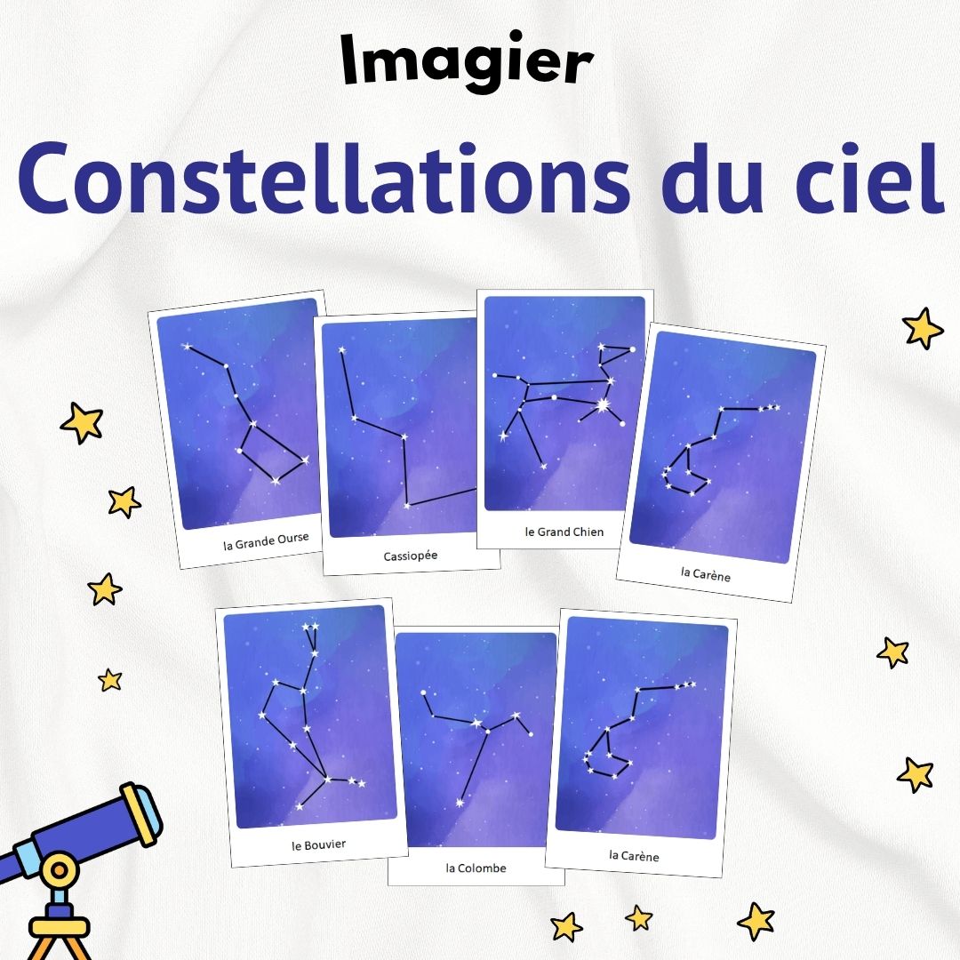 Cartes type flashcards des constellations du ciel faciles pour activités d’astronomie en maternelle