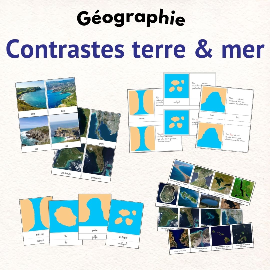 cartes de nomenclature Montessori contrastes géographiques terre et mer avec photos et étiquettes