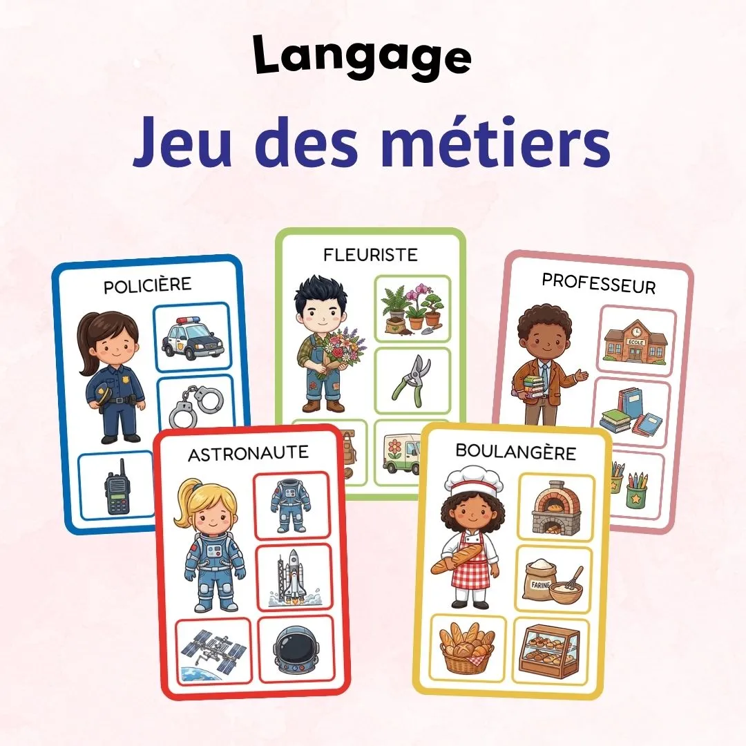 Planches du jeu des métiers à imprimer avec policière, fleuriste, professeur, astronaute et boulangère pour activité d’association en maternelle.