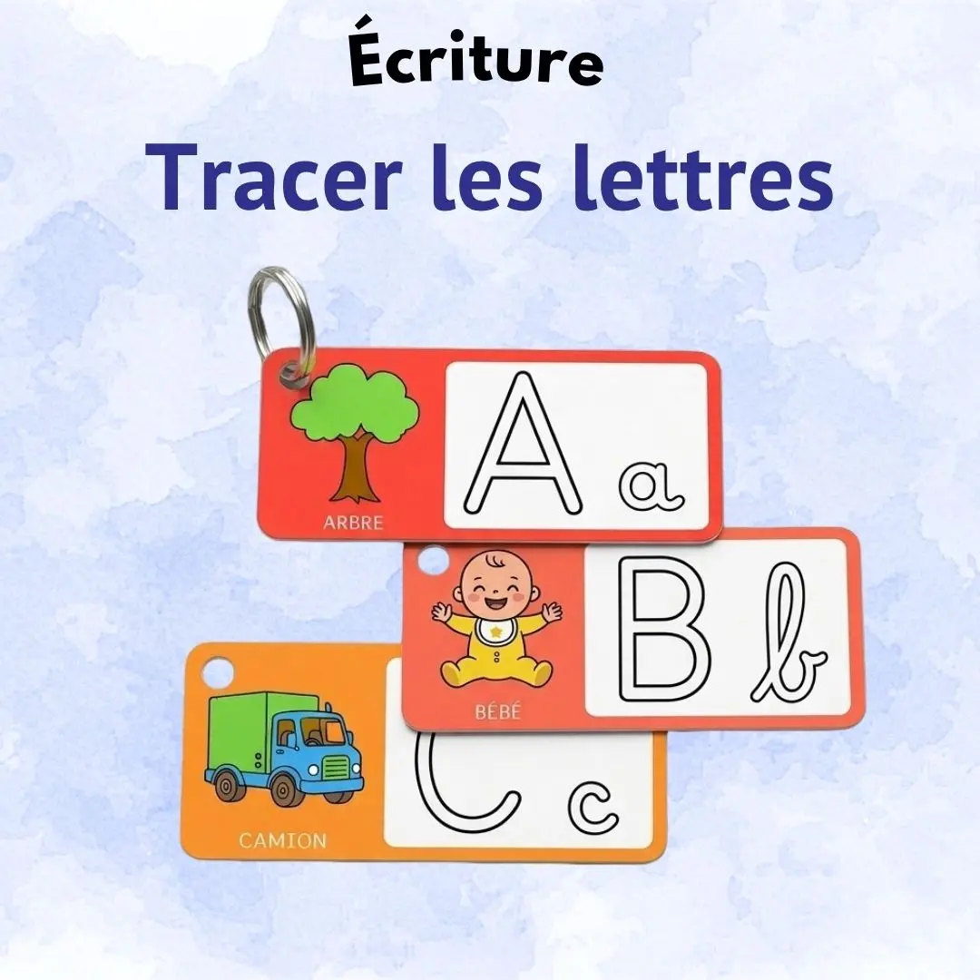Les 26 cartes d'écriture alphabet reliées en porte-clés pour un entraînement au tracé des lettres facilité.