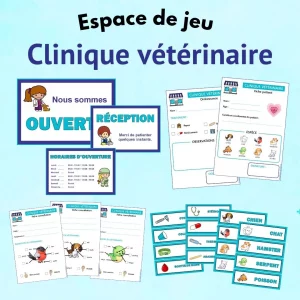 Kit vétérinaire maternelle à imprimer avec affiches de clinique, fiches animaux et étiquettes mots pour la classe.