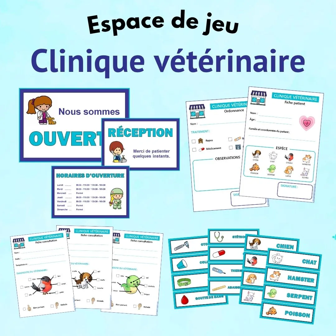 Kit vétérinaire maternelle à imprimer avec affiches de clinique, fiches animaux et étiquettes mots pour la classe.