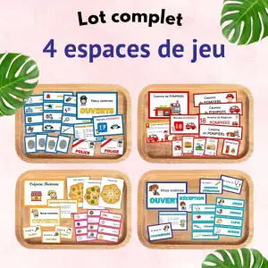 Pack complet de 4 coins jeux symboliques maternelle à imprimer : vétérinaire, pompiers, police et crêperie.