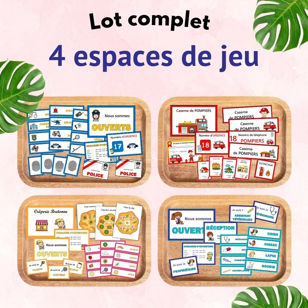 Pack complet de 4 coins jeux symboliques maternelle à imprimer : vétérinaire, pompiers, police et crêperie.