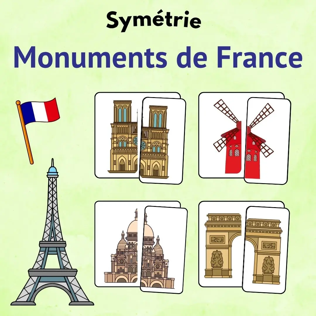 Page de présentation des puzzles de symétrie sur les monuments de France en maternelle.